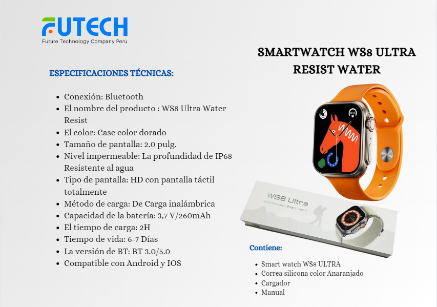 Smart Watch WS8 Ultra Water Resist Naranja