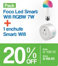 Pack Foco Led Smart Wifi RGBW 7w + 1 Enchufe Smart Wifi PROMO 20%